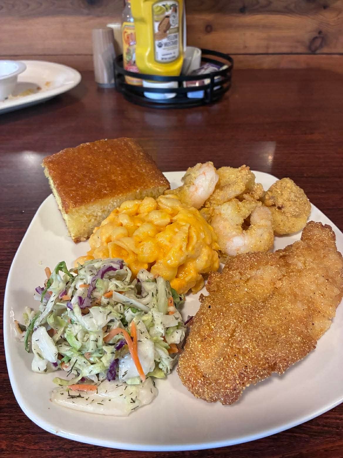 Fish and shrimp plate with mac and cheese